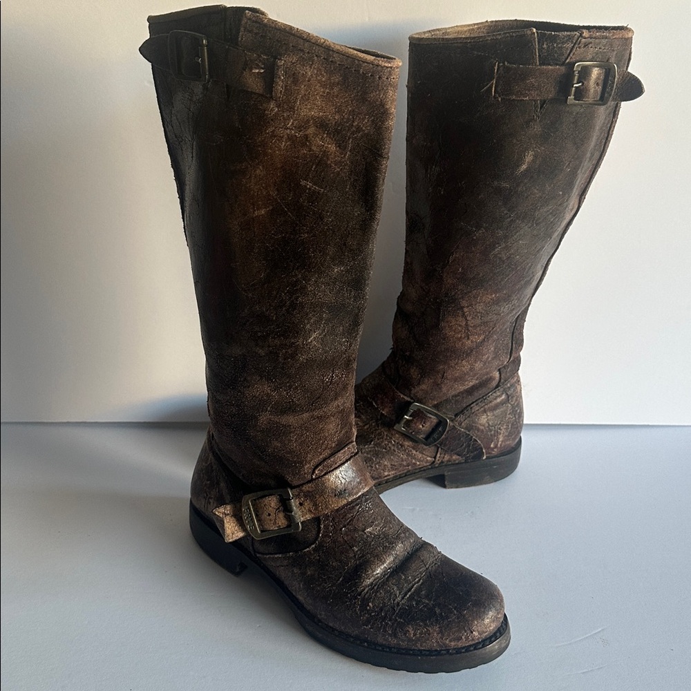 Frye Brown Distressed Leather Combat Moto Boots
